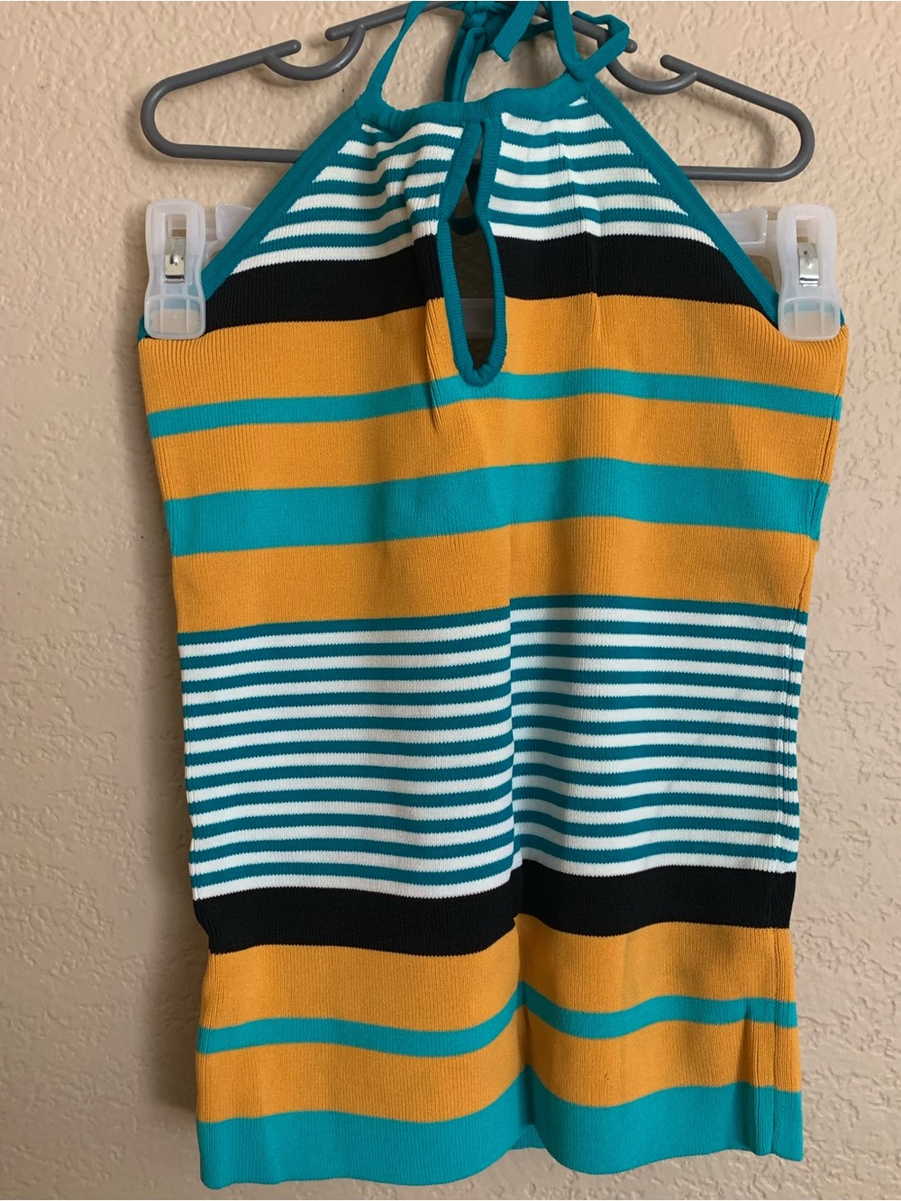 New York & Company Teal, Mustard & Black Striped Halter Tank